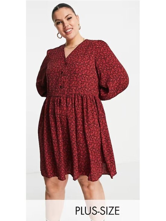 ASOS Curve Dresses & Skirts - ASOS Urban Threads, Ditsy Floral V-Neck Long-Sleeve Swing Dress, Burgundy (18W)